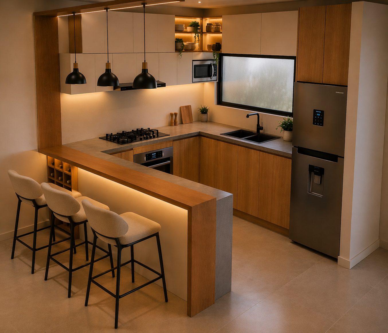 Cocina con barra — Melamina y encimera
